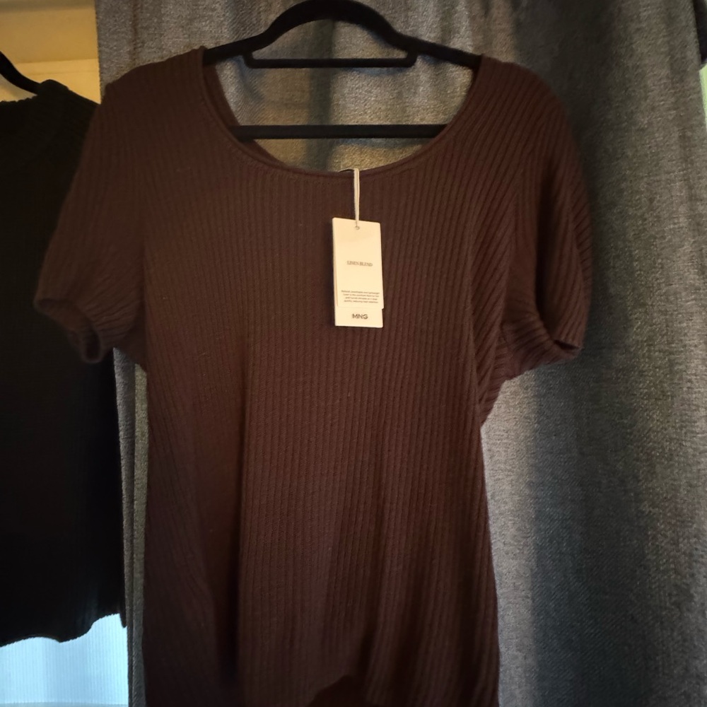 Mango Dark Brown Ribbed Short Sleeve Top